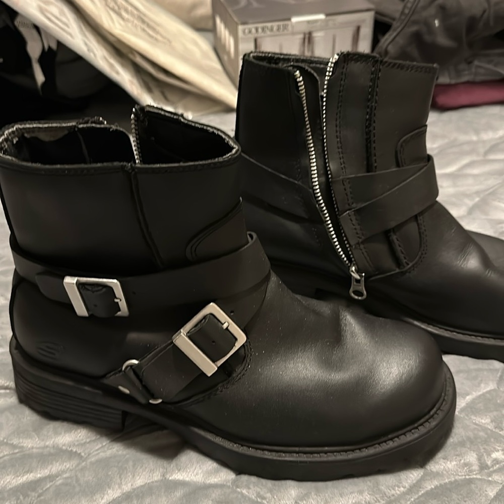Skechers Black Leather Motorcycle Boots Genuine Leather Heavy Duty Side Zip 7.5